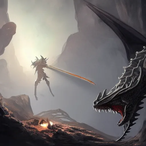 Prompt: photo of an armored knight confronting a large red scaly dragon sleeping on a mountain of human bones in a dark dusty cave with a ray of light shining on it\'s face. The knight is very small in comparison to the dragon. The cave shines with gemstones and gold. Very detailed 8k. fantasy