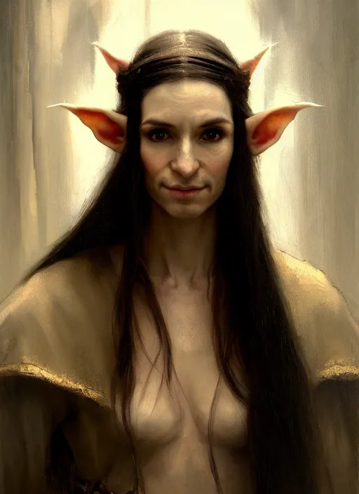 Prompt: portrait of an elf ( long thin pointed ears, sharp features ) thief with long black hair, elven character with smirk, detailed realism face in painting, by rembrandt, by greg rutkowski, by james jean, detailed beautiful portrait, oil painting masterpiece, fantasy artwork, 8 k resolution, smooth, sharp focus, trending on artstation