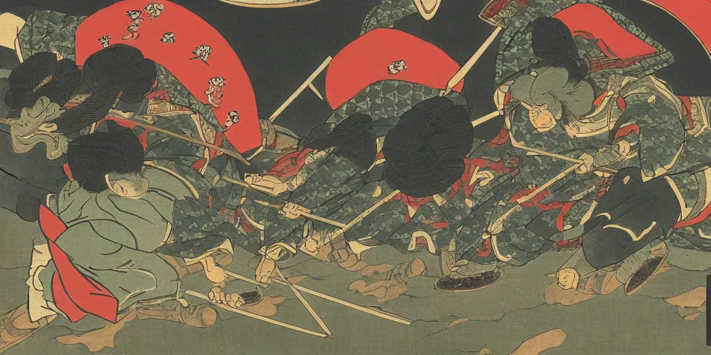 Image similar to ukiyo - e style painting of heavily armored samurai fighting in fierce battle in a beautiful forest