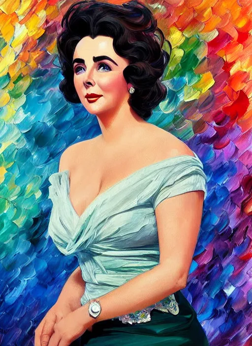 Image similar to elizabeth taylor, wearing mid - century clothes,, half body shot, path traced, highly detailed, high quality, digital painting, alena aenami, leonid afremov, lilia alvarado, shinji aramaki, karol bak, alphonse mucha, tom bagshaw