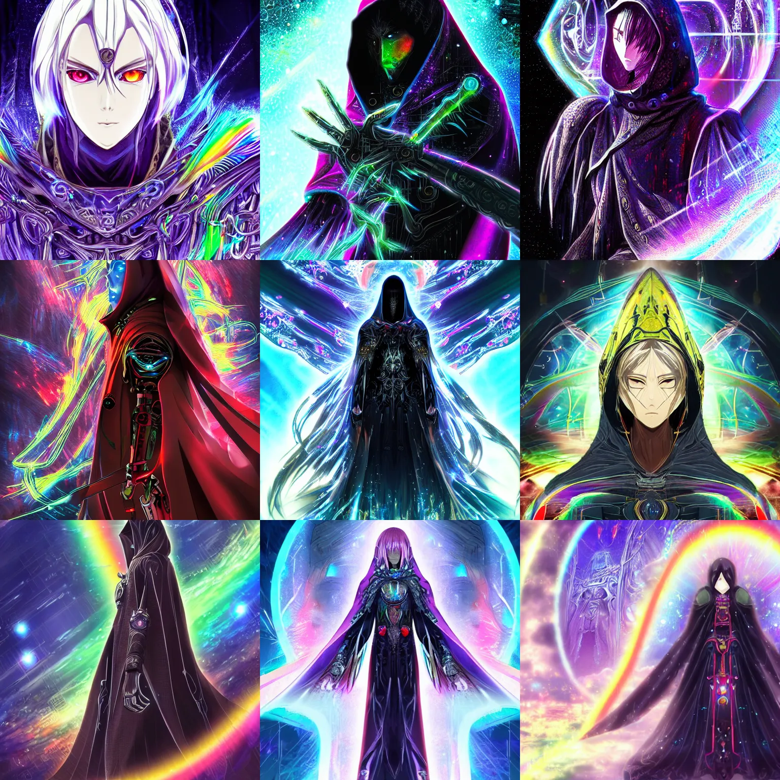 Prompt: Cloaked hooded complex cybernetic omnipotent being with a biological human face, anime CGI style, dark, intricate and embellished technological ominous warrior, anime in the style of Makoto Shinkai, animated, animation, detailed, rainbow sheen, brandishing iridescent legendary cosmic sword, crystals, iridescent opalescent pearlescent holographic megastructure background