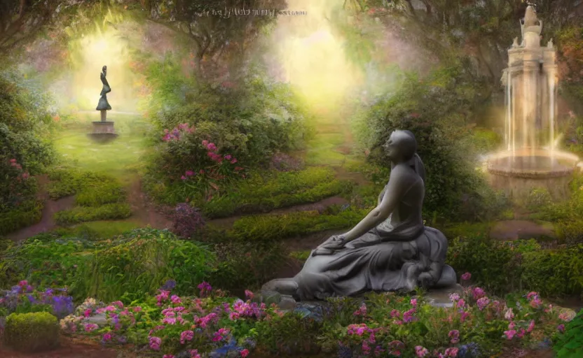 Image similar to The kneeling statue of a woman in a beautiful garden, next to a fountain and a mystical palace, and all this in a foggy and mysterious atmosphere.Fantasy and concept art, colorful digital painting.