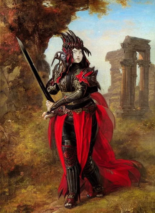 Image similar to woman in dark and red princess dragon armor, she is holding a katana sword, walking on the mystical ancient ruins. by william henry hunt