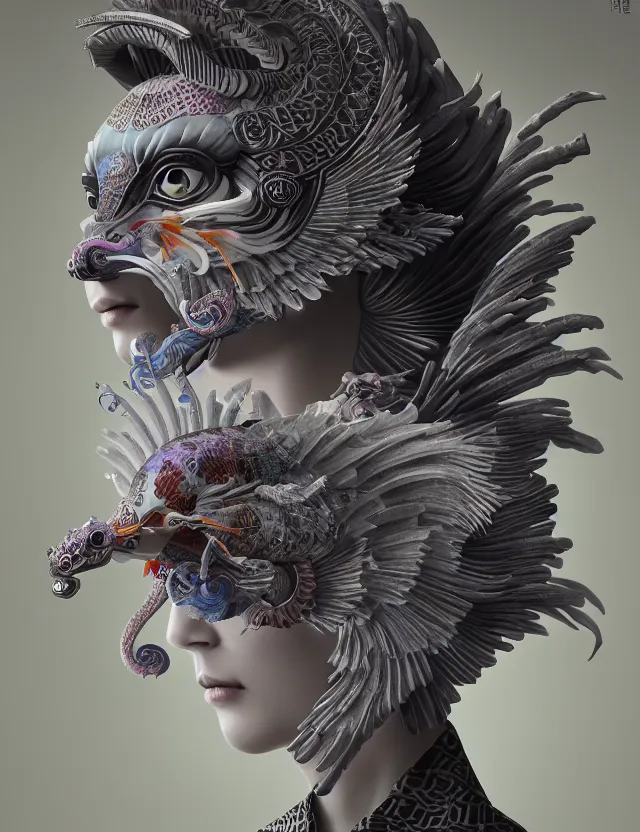 Image similar to 3 d goddess close - up frontal portrait with ram skull. beautiful intricately detailed japanese crow kitsune mask and clasical japanese kimono. betta fish, jellyfish phoenix, bio luminescent, plasma, ice, water, wind, creature, artwork by tooth wu and wlop and beeple and greg rutkowski