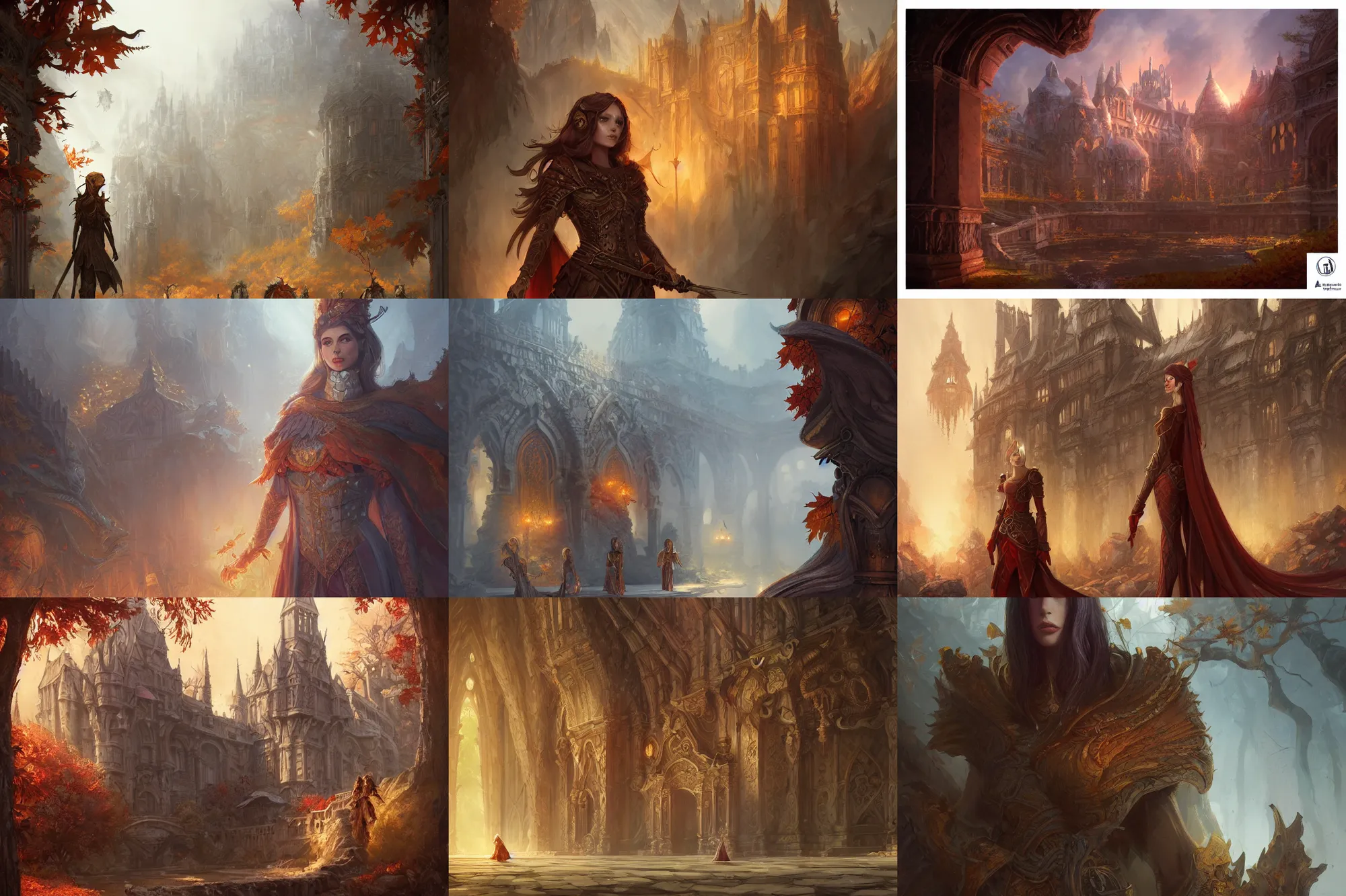 Prompt: autumnal palace, d & d, fantasy, portrait, highly detailed, digital painting, trending on artstation, concept art, sharp focus, illustration, art by artgerm and greg rutkowski and magali villeneuve