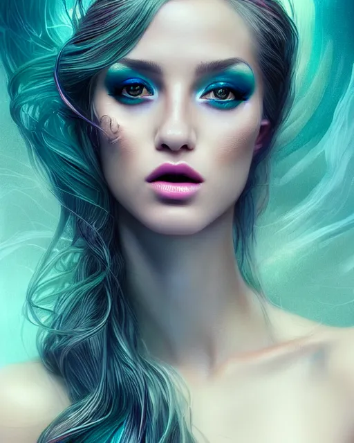 Image similar to portrait of mermaid, zoom, rule of thirds, atmosphere, intricate, vogue, regal, latinas, symmetrical!!, makeup, loreal, maybelline, sephora, loreal, artstation, art by artgerm and gonzalo ordonez arias, moody, concept art, filmic, vsco