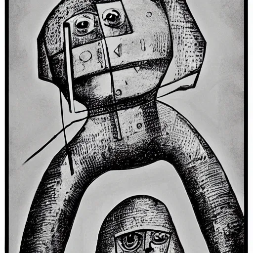 Image similar to black and white dada artwork of the golem from prague lab