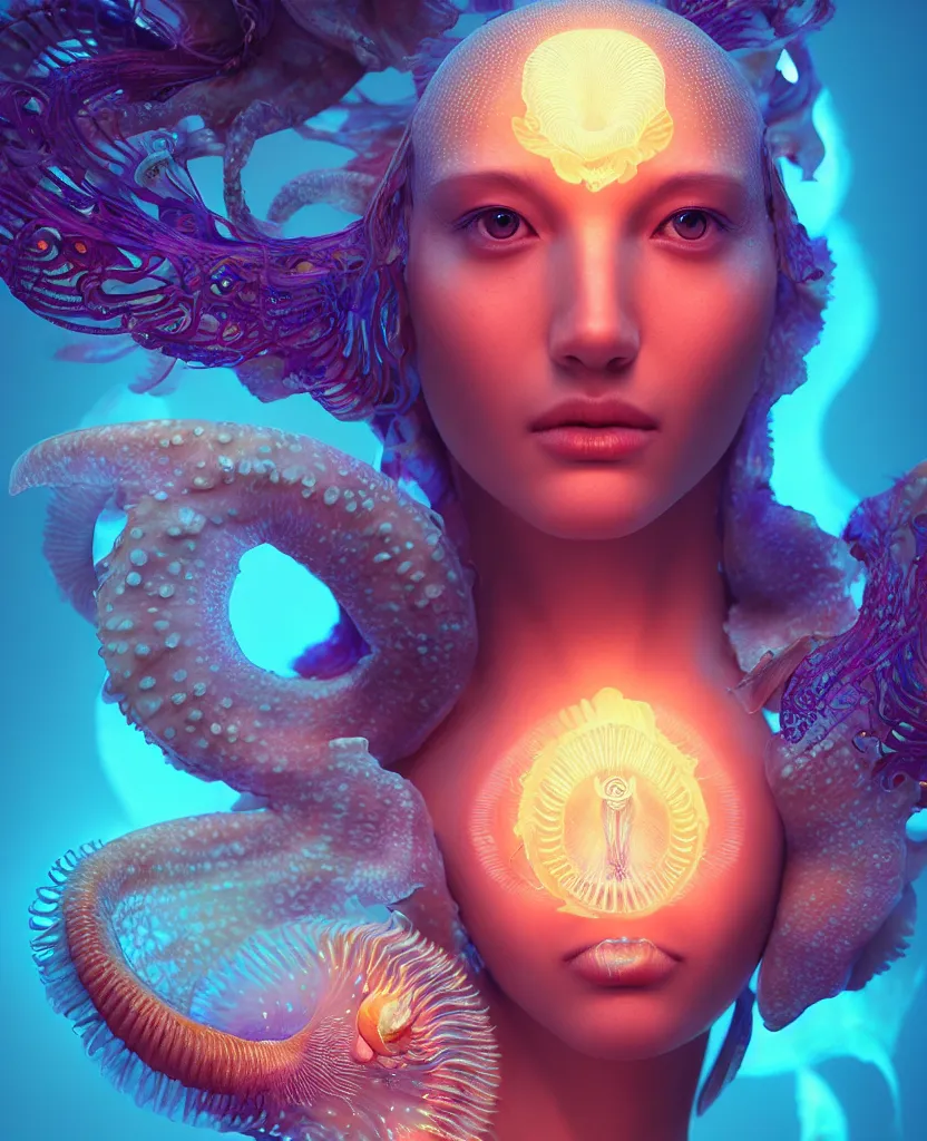 Image similar to goddess close-up portrait. jellyfish phoenix head, nautilus, orchid, skull, betta fish, bioluminiscent creatures, intricate artwork by Tooth Wu and wlop and beeple. octane render, trending on artstation, greg rutkowski very coherent symmetrical artwork. cinematic, hyper realism, high detail, octane render, 8k