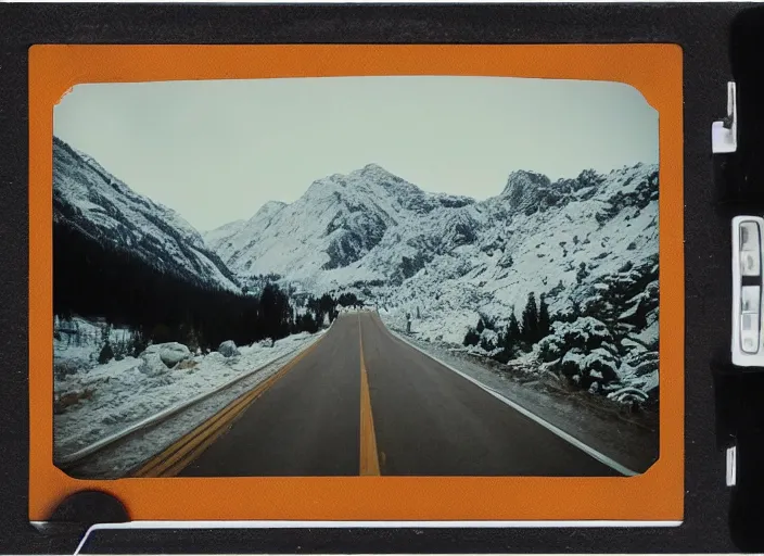 Image similar to A very high resolution image from a new movie, landscape from a car window , mountains, snowy, snowy mountains, Polaroid, directed by wes anderson