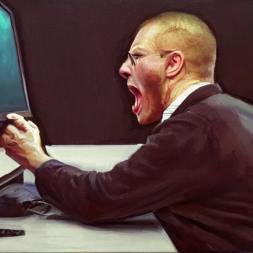 Image similar to an angry man yells at his computer monitor, oil on canvas, highly detailed, high resolution