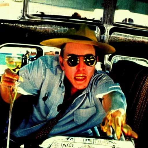 Image similar to gonzo reporter retro photo of drunked elon musk driving bus, fear and loathing in las vegas style, by hunter thompson