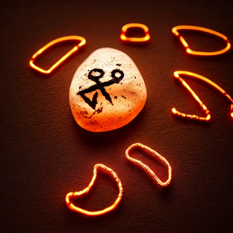 Prompt: photo of a pebble with a glowing runes drawn on it. pebble is completely wrapped with copper wire. lots of copper wire. extremely high details, octane rendering, cgsociety