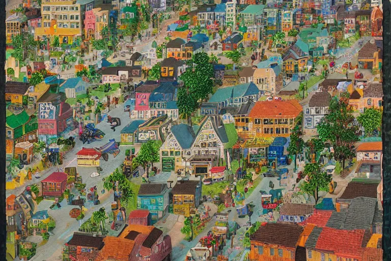 Image similar to an elaborate and dense painting of a peaceful neighborhood, detailed, made of alcohol ink on parchment and penned illustrations, by richard scarry and beeple