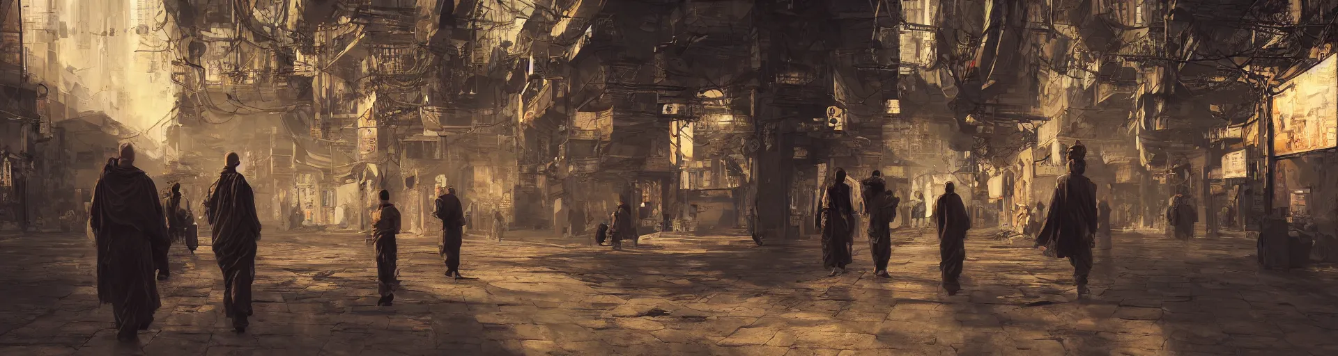Image similar to monk meditation in a cyberpunk world with people walking around wearing vr headset by eugene von guerard, ivan shishkin, concept art, trending on artstation