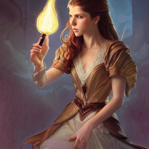 Prompt: anna kendrick holding a glowing wand in one hand and a large leather bound book, fantasy, intricate, elegant, highly detailed, digital painting, artstation, concept art, matte, sharp focus, illustration, in the style of magic the gathering, art by artgerm and greg rutkowski and alphonse mucha