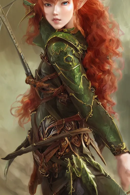 Image similar to A realistic anime portrait of long curly haired redhead female elf ranger wearing an intricate fantasy ranger outfit, asian facial features, green eyes, digital painting, by Stanley Artgerm Lau, Sakimichan, WLOP and Rossdraws, digtial painting, trending on ArtStation, SFW version