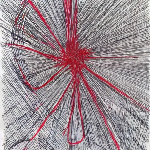 Prompt: red ballpoint pen drawing line strokes outsider art