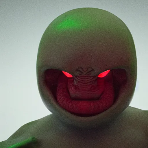 Prompt: an alien without mouth and big red glowy eyes, greenish skin, octane render