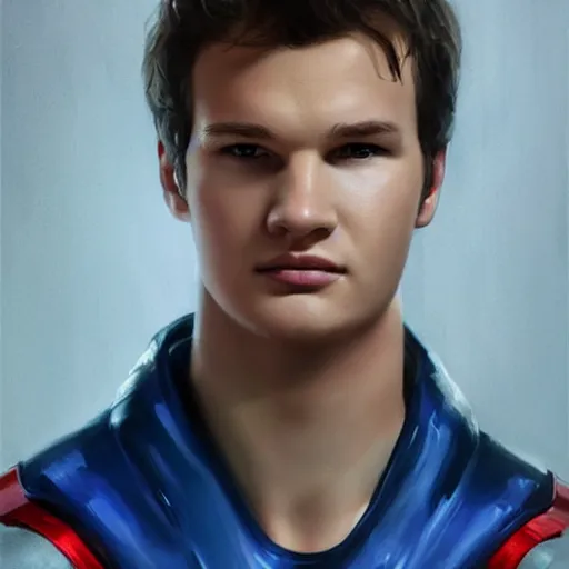 Image similar to portrait of a superhero by greg rutkowski, he looks like ansel elgort, he is wearing a blue and white kevlar gear with a cape, highly detailed portrait, digital painting, artstation, concept art, smooth, sharp foccus ilustration, artstation hq