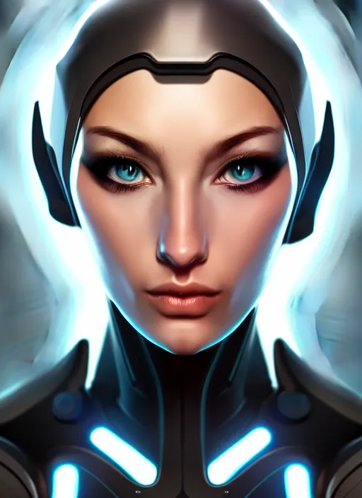 Image similar to portrait of a cyborg woman by Artgerm, face turns left+100 (((((face turns right))))), open eyes , biomechanical, hyper detailled, trending on artstation