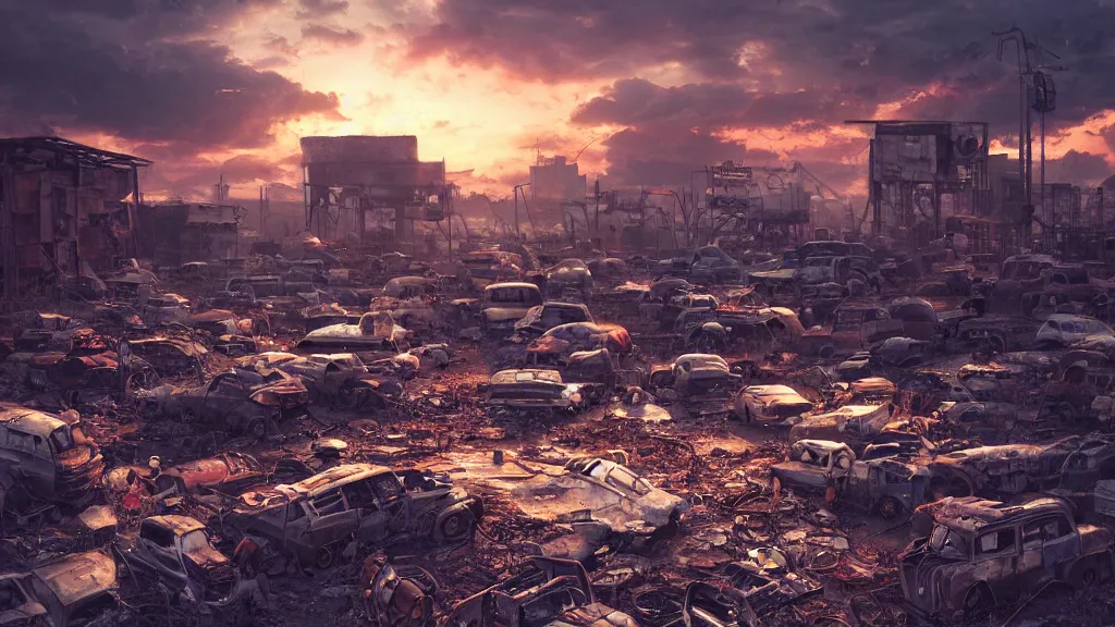 Prompt: a Photorealistic hyperrealistic render of a Junkyard full of weathered and well worn down discarded Robots by PIXAR,Greg Rutkowski,WLOP,Artgerm,dramatic moody sunset lighting,long shadows,Volumetric, cinematic atmosphere, Octane Render,Artstation,8k