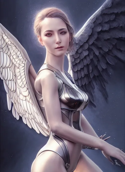 Image similar to photo of a gorgeous young mechanical angel woman in the style of stefan kostic, realistic, sharp focus, 8 k high definition, insanely detailed, intricate, elegant, art by stanley lau and artgerm