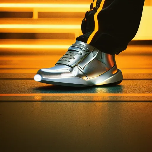 Image similar to spaceship sneakers on a dark neon background, cinematic shot, intricate, ornate, photorealistic, ultra detailed, realistic, 1 0 0 mm, photography, octane, high definition, depth of field, bokeh, 8 k, behance, artstation