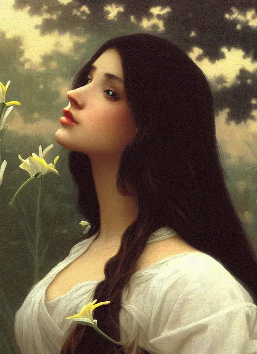 Image similar to oil painting close up portrait of a young woman with long dark flowing hair in a black dress, surrounded by white lilies!! at sunset, hazy, digital art, chiaroscuro, artstation, cinematic, golden hour, digital art painting by greg rutkowski, 7 0 s japanese sci - fi book art, william - adolphe bouguereau, hazy atmosphere, cinematic lighting