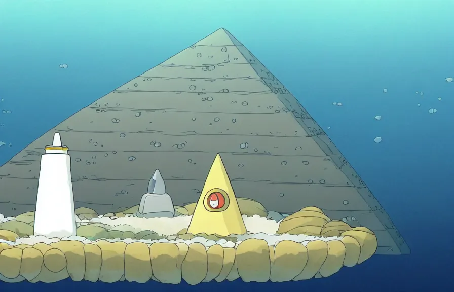 Image similar to a realistic studio ghibli cell shaded cartoon showing a submarine in front of a white pyramid with a gold capstone underwater at the bottom of the sea. wide shot, very dull muted colors, hd, 4 k, hq