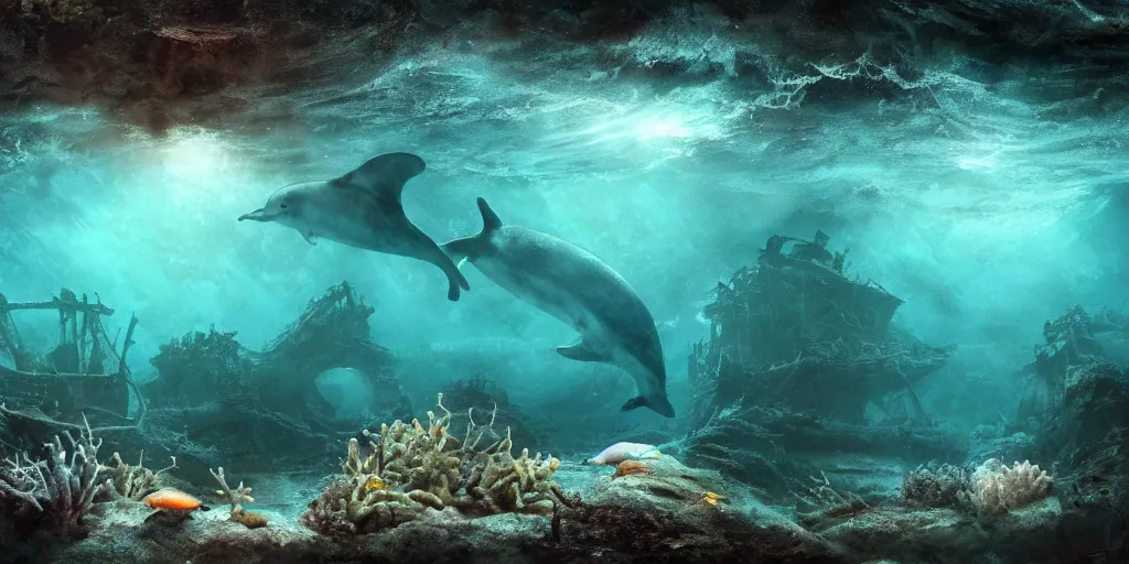 Image similar to underwater shipwreck!!! surrounded by coral and dolphins and sea turtles, caustics, shallow depth of field, moody lighting, 8 k, concept art,