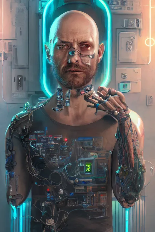 Image similar to a full body illustration of an male cyberpunk character wearing bionic implants, criminal mugshot, bald, bearded, highly detailed, oil on canvas, soft lighting, neon pastel colors, by WLOP and Greg Staples, HD, 4K