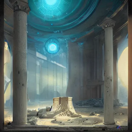 Prompt: detailed painting of a scifi abandoned atm, celestial ephemeral ornaments and greek architecture, artstation, joshua middleton in africa, cinematic