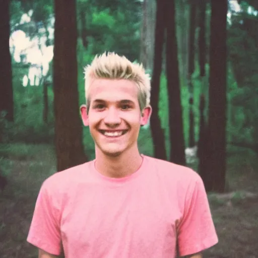 Image similar to flash photography polaroid of a young man with blonde hair sitting by a campfire nearby, smiling at the camera, wearing a pink t-shirt, retro 90s photograph, image artifacts