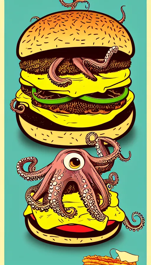 Image similar to illustration of a an octopus inside a cheeseburger, highly detailed, 8 k, vintage, screen print, trending on artstation