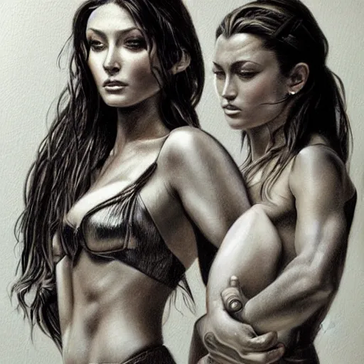 Image similar to pencil art, detailed portrait of aly and aj, intricate, hyper detailed, realistic, oil painting, by julie bell, frank frazetta, cinematic lighting