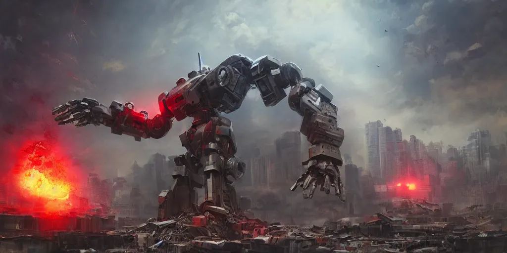 Prompt: Giant robot destroys distant future megacity, buildings collapsing with debris flung forward, metallic robot with red eyes, detailed oil painting, hyperrealistic, PBR, volumetric lighting