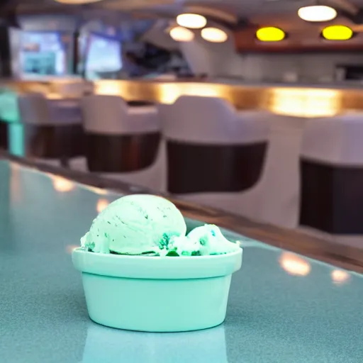 Prompt: high res mint ice cream sitting on a table in a futuristic diner 4k