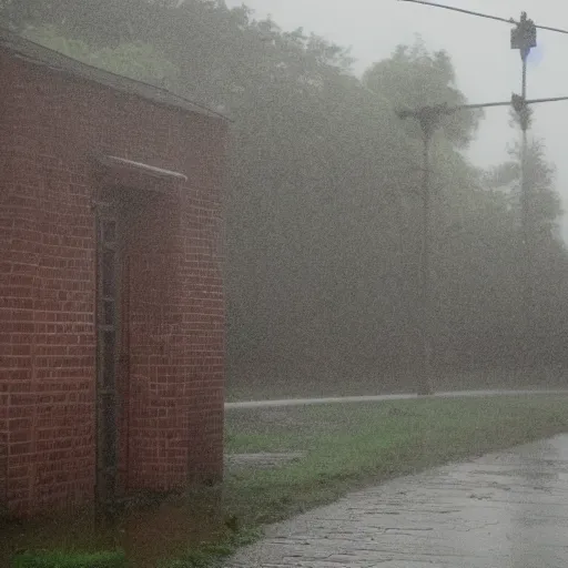 Prompt: a secret entrance amidst a gloomy town,rainy