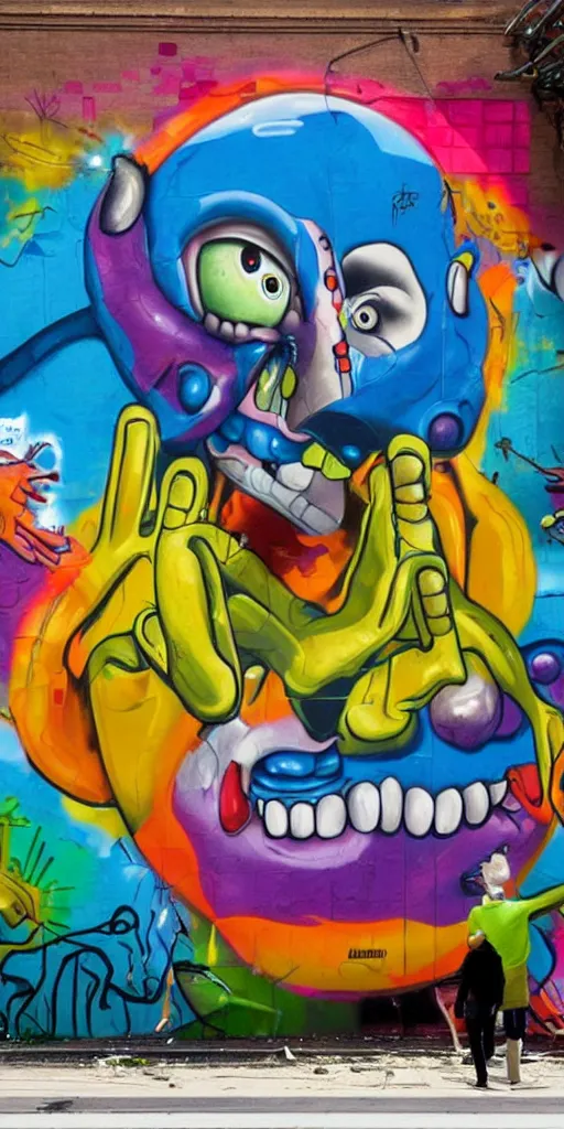 Prompt: a graffiti mural depicting an alien painted by jeff koons