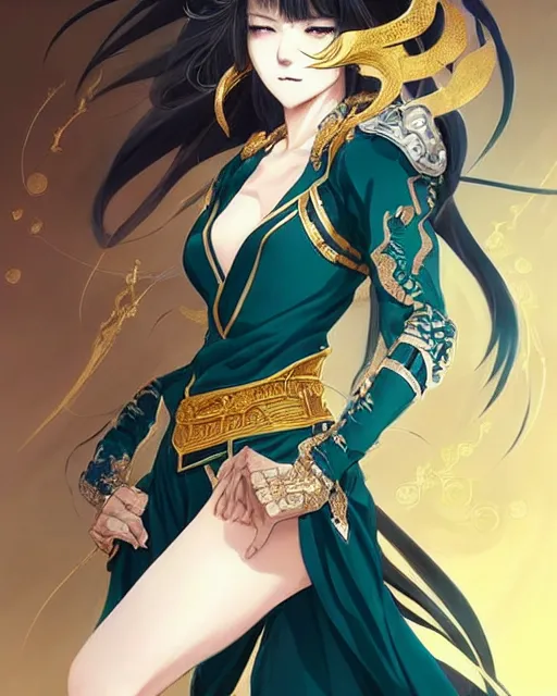 Image similar to beautiful anime portrait of a female fighter!! long white hair! teal eyes! fighting stance!!!! intricate ornate gold and black outfit!!! elegant, artbook, fine details by stanley artgerm lau, wlop, rossdraws, james jean, andrei riabovitchev, marc simonetti, and sakimichan, trending on artstation