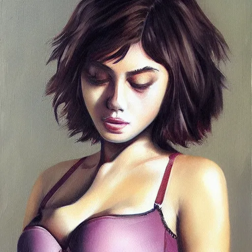 Prompt: Armored bra girl oil painting, beautiful girl, short hair, detailed