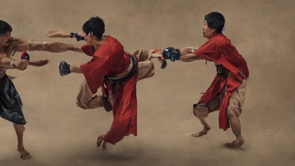 Image similar to asian person fighting a turkish person, cinematic, 4 k, oil painting