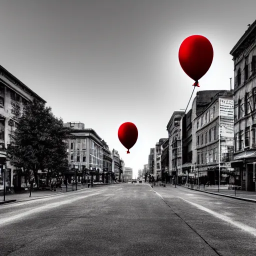 Prompt: grayscale scene of a city with red selective color balloon