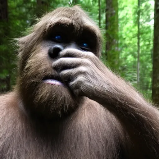 Image similar to a sasquatch looking into a trail cam, picking his nose