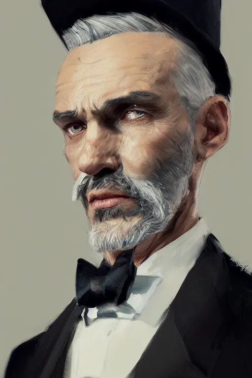 Image similar to a man grey hair with stubble top hat and suit by Greg Rutkowski, painting, portrait, high details, trending on artstation