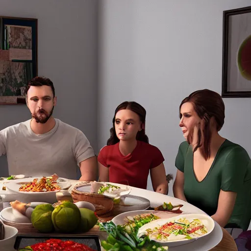 Prompt: traditional balkan family sitting at the dinner table and enjoying insect-based food, 8k render, unreal engine