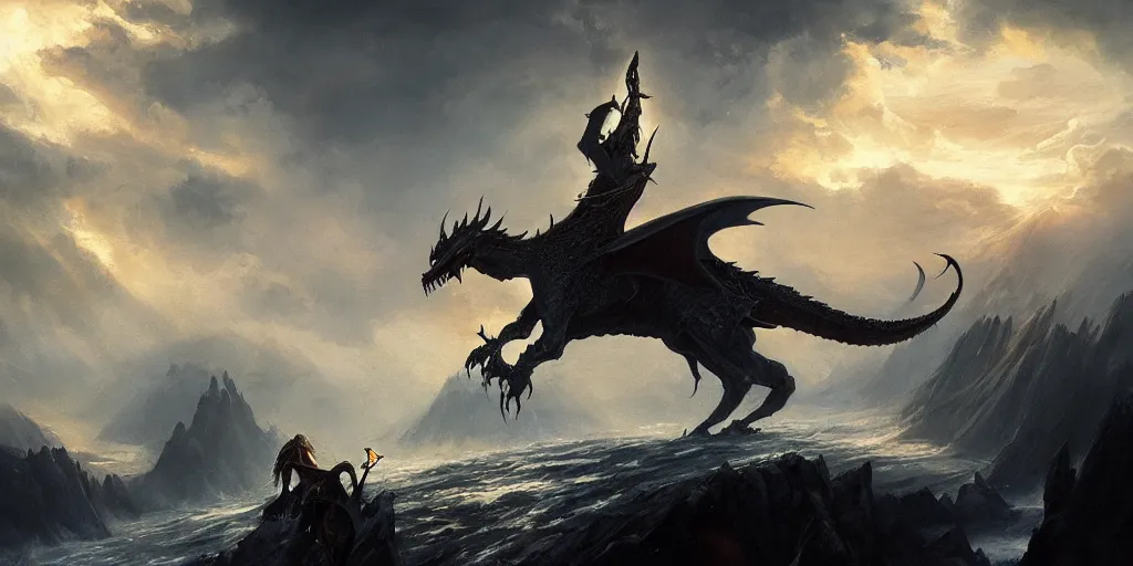 Prompt: Sauron riding a dragon, the eye of Sauron, the lord of the rings, backlighting, oil painting, by Greg Rutkowski