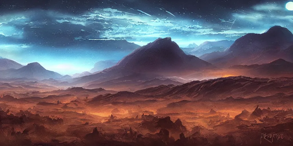 Image similar to grand landscape of rocky sci - fi hills during the dark night, art by kotaro chiba