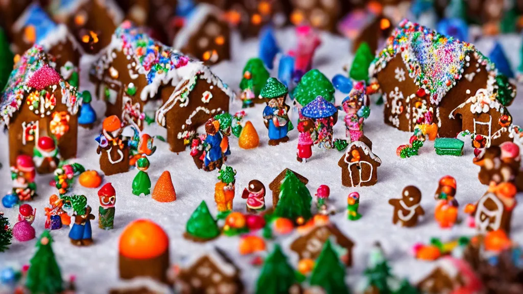 Prompt: closeup of miniature gingerbread candy village, colorful, fantasy, fairytale, forest, fireflies, flowers, halloween, christmas, snow, hansel and gretel, bokeh, depth of field 1 0 0 mm, cinematic scene, studio quality, unreal engine, octane render, trending on artstation, artgerm, cgsociety