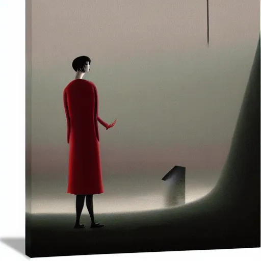 Image similar to a naive woman talks to a phantasmagoric robot, red room from twin peaks, oil on canvas anime poster by Stina Persson and Aron Wiesenfeld